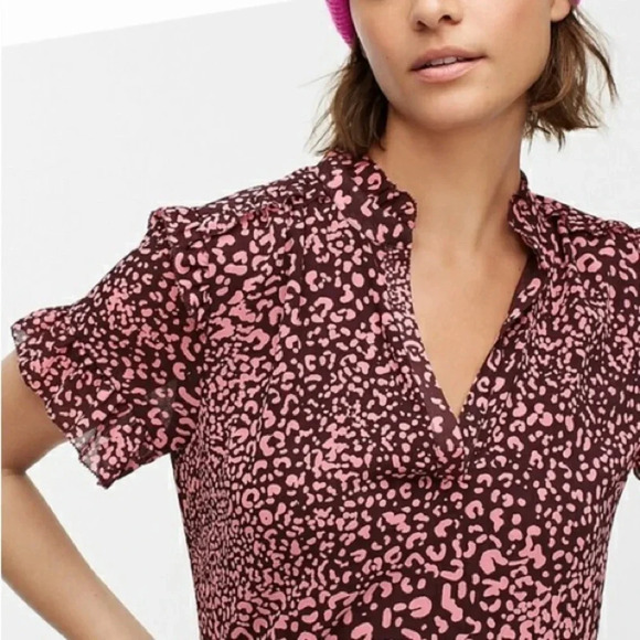 J. Crew Short-sleeve ruffle top in leopard / cheetah animal print maroon pink M - Picture 1 of 11